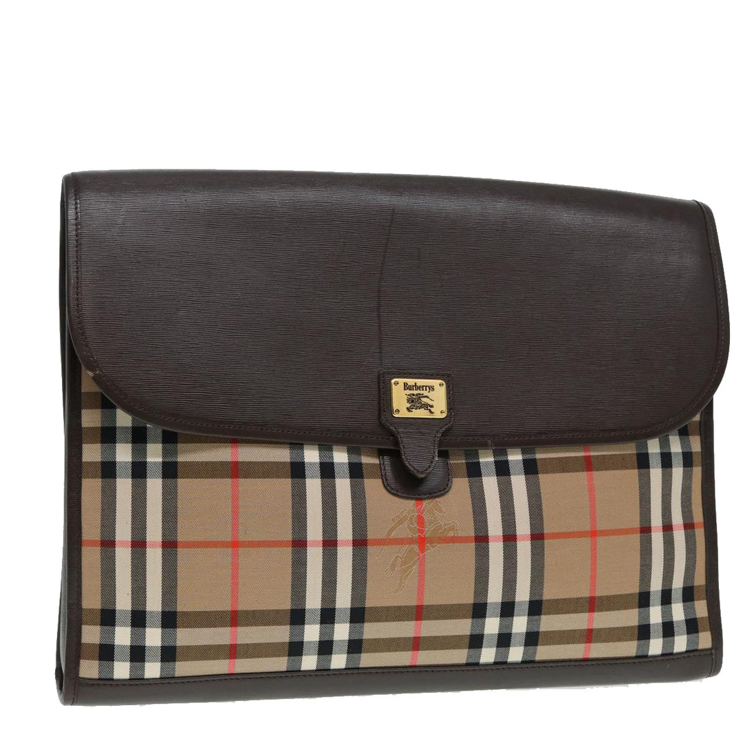 BurberrySs Nova Check Clutch Bag Canvas Leather Beige Brown gold Auth hk1568
