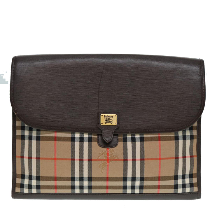 BurberrySs Nova Check Clutch Bag Canvas Leather Beige Brown gold Auth hk1568