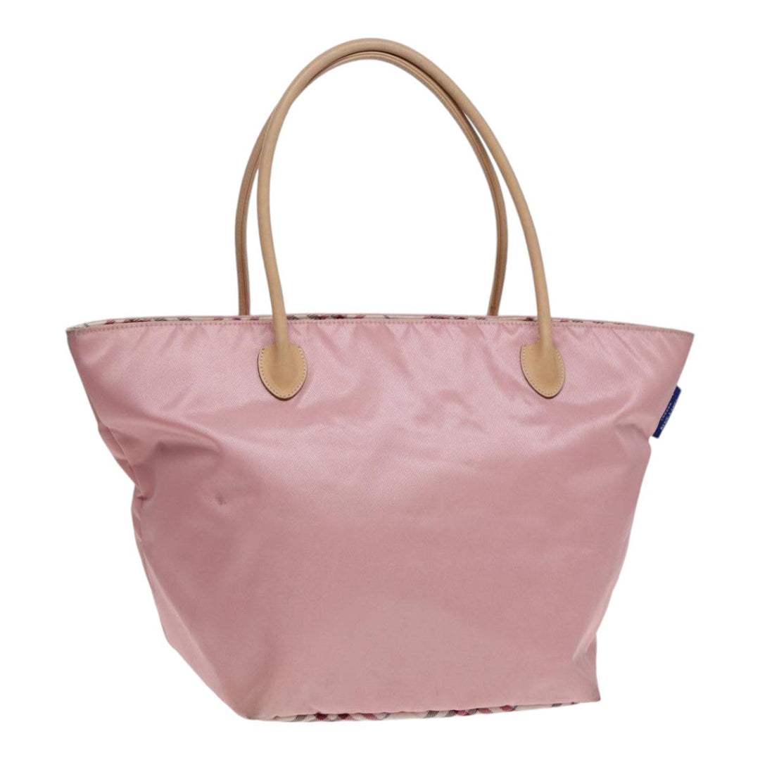 Burberry Nova Check Blue Label Hand Bag Nylon Leather Pink Silver Auth hk1571