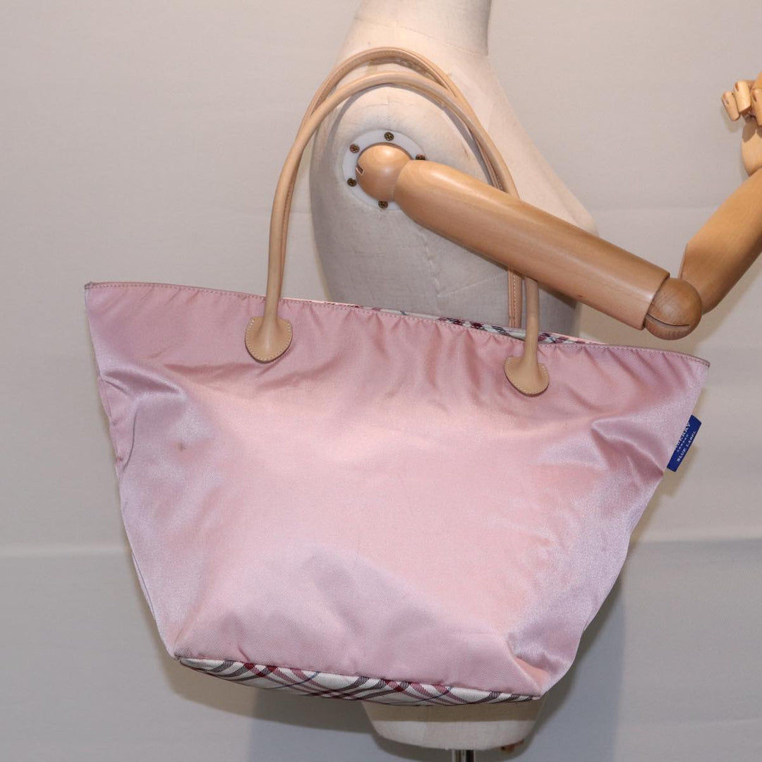 Burberry Nova Check Blue Label Hand Bag Nylon Leather Pink Silver Auth hk1571