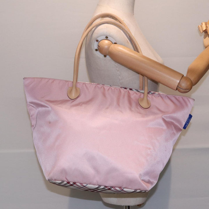 Burberry Nova Check Blue Label Hand Bag Nylon Leather Pink Silver Auth hk1571