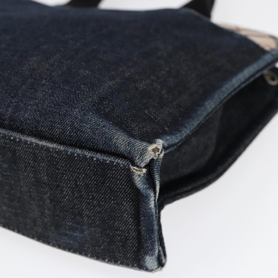 Burberry Nova Check Hand Bag Denim Nylon Navy Beige Silver Auth hk1572