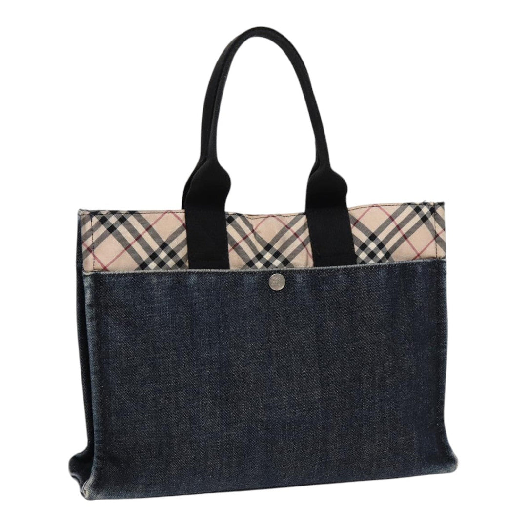 Burberry Nova Check Hand Bag Denim Nylon Navy Beige Silver Auth hk1572