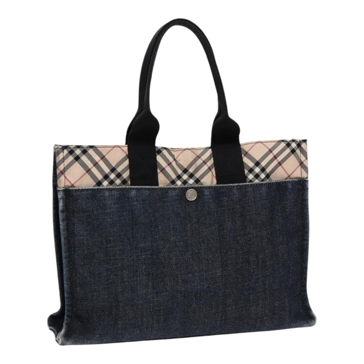Burberry Nova Check Hand Bag Denim Nylon Navy Beige Silver Auth hk1572