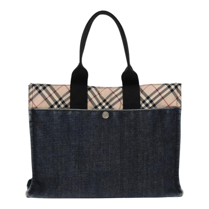 Burberry Nova Check Hand Bag Denim Nylon Navy Beige Silver Auth hk1572