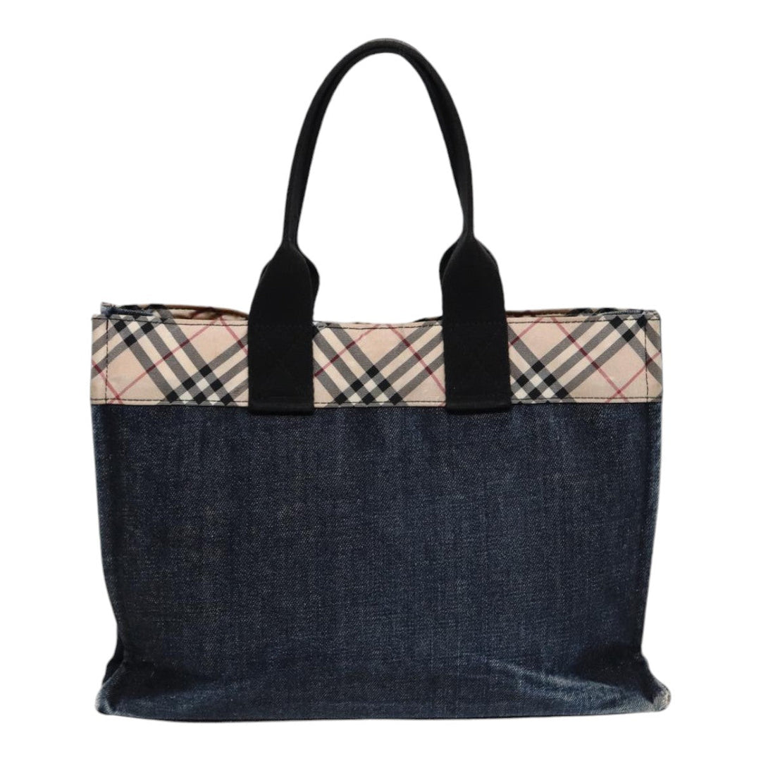 Burberry Nova Check Hand Bag Denim Nylon Navy Beige Silver Auth hk1572