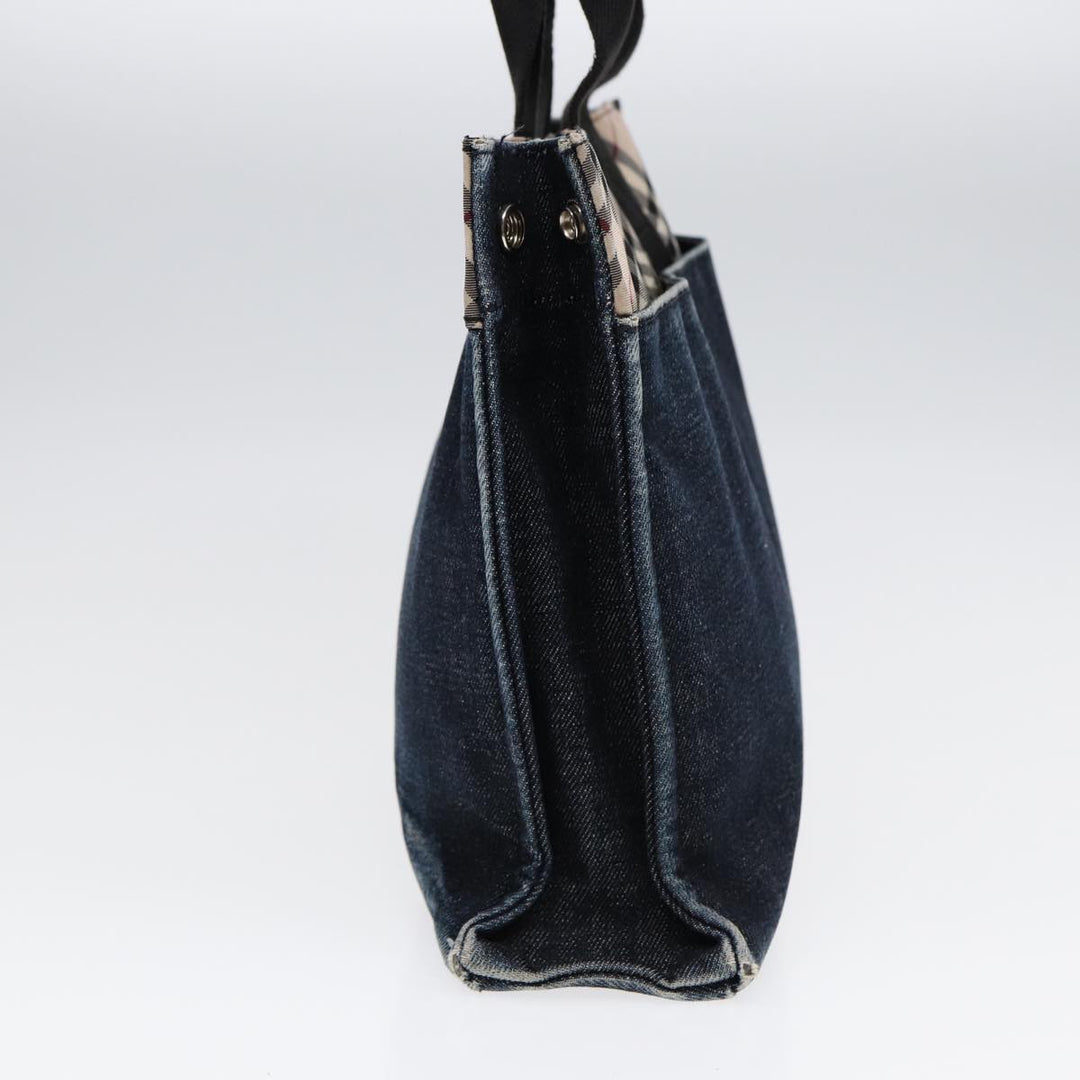 Burberry Nova Check Hand Bag Denim Nylon Navy Beige Silver Auth hk1572