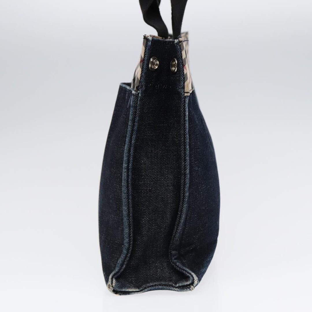 Burberry Nova Check Hand Bag Denim Nylon Navy Beige Silver Auth hk1572