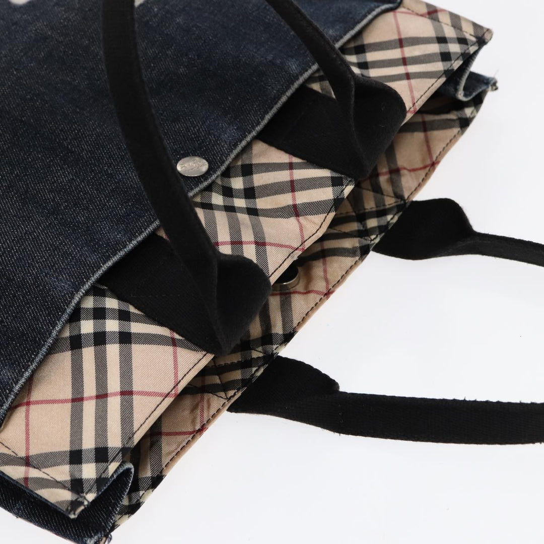 Burberry Nova Check Hand Bag Denim Nylon Navy Beige Silver Auth hk1572