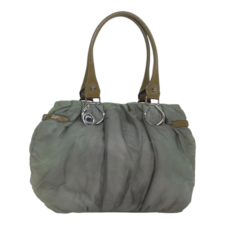 Celine Tote Bag Nylon Leather Khaki Silver Auth hk1623