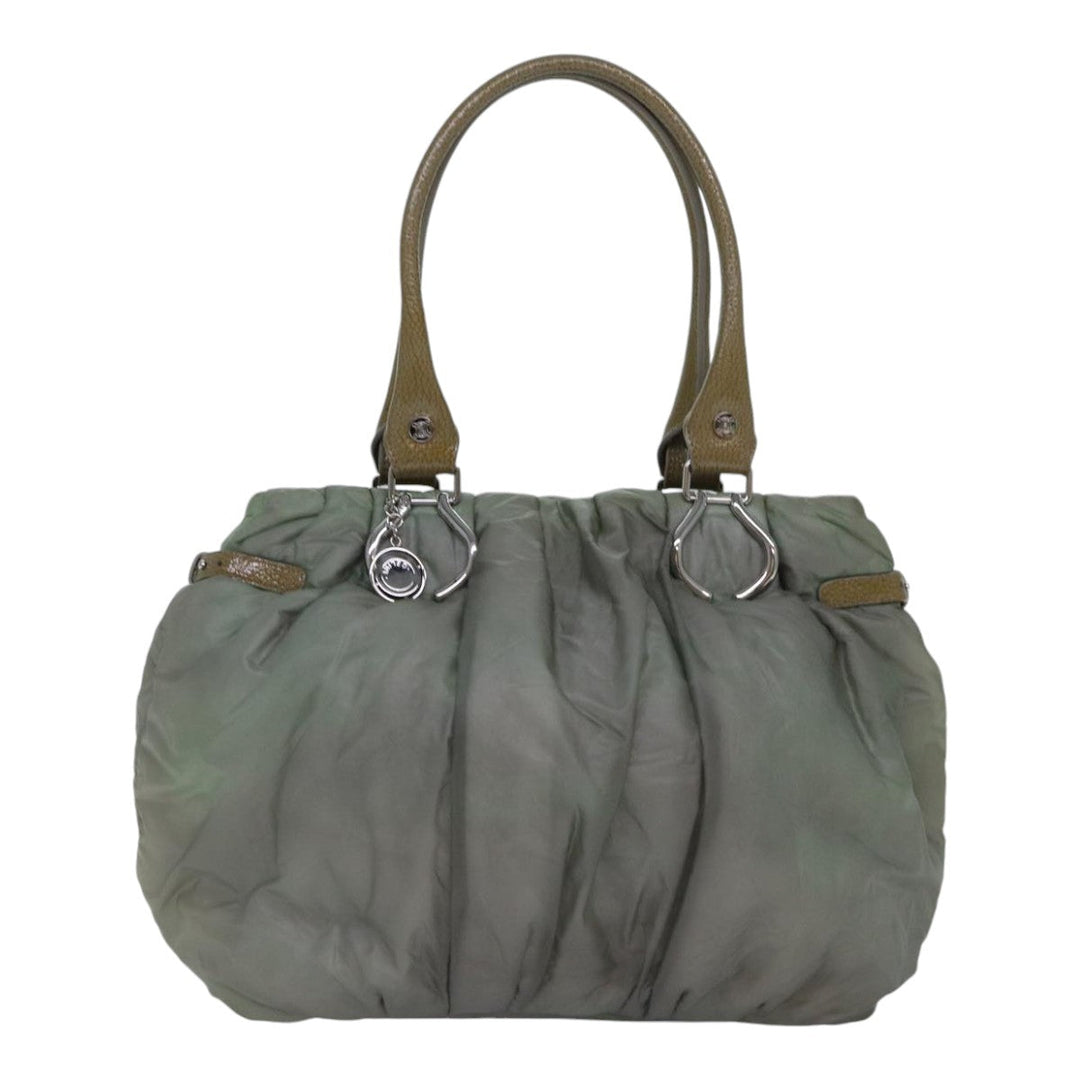 Celine Tote Bag Nylon Leather Khaki Silver Auth hk1623