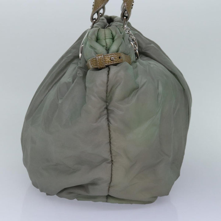 Celine Tote Bag Nylon Leather Khaki Silver Auth hk1623