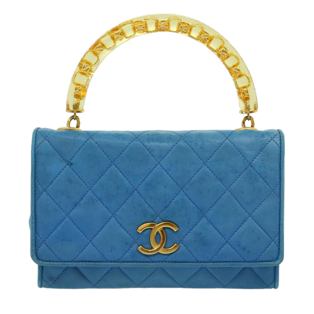 Top Quality Chanel Hand Bag Lamb Skin Blue CC Auth hk455A