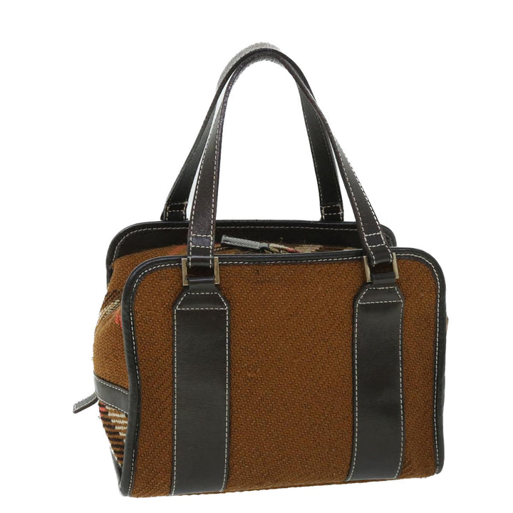 Burberry Blue Label Hand Bag Wool Leather Brown Auth hk844