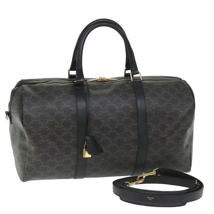 Celine Triomphe Canvas Boston Bag PVC Leather 2way Black Auth hk880