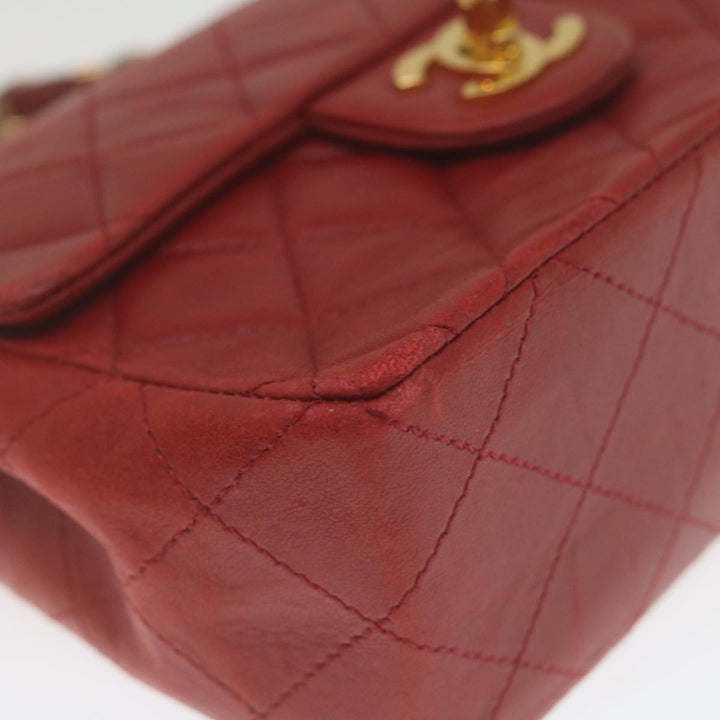 Chanel Mini Matelasse Chain New Hand Bag Lamb Skin Red Gold CC Auth hs688A