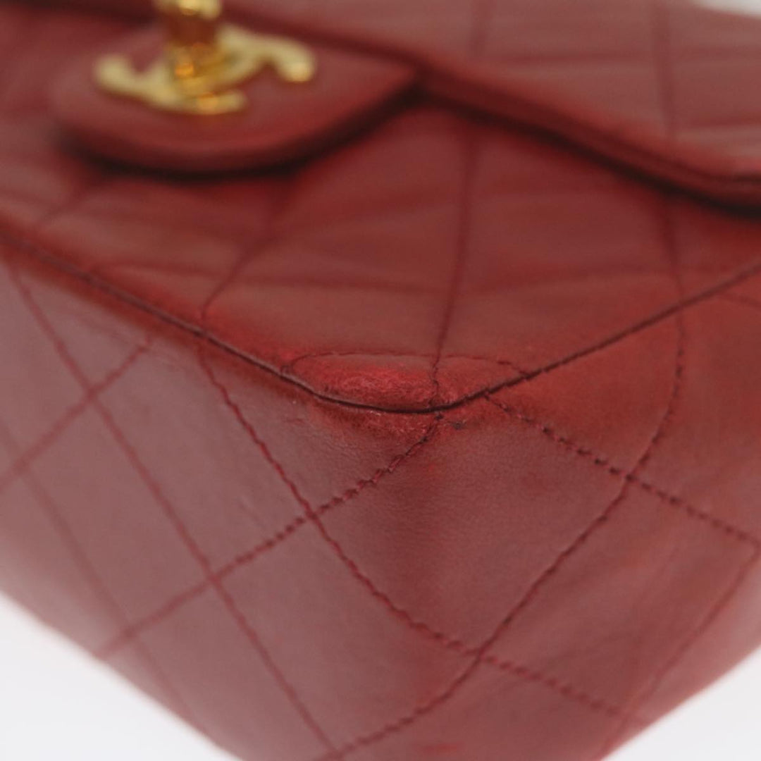 Chanel Mini Matelasse Chain New Hand Bag Lamb Skin Red Gold CC Auth hs688A