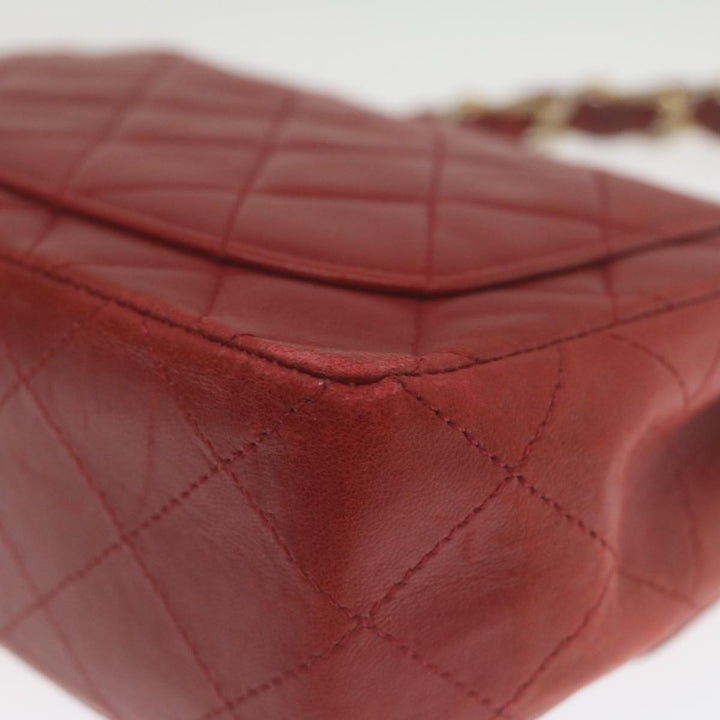 Chanel Mini Matelasse Chain New Hand Bag Lamb Skin Red Gold CC Auth hs688A
