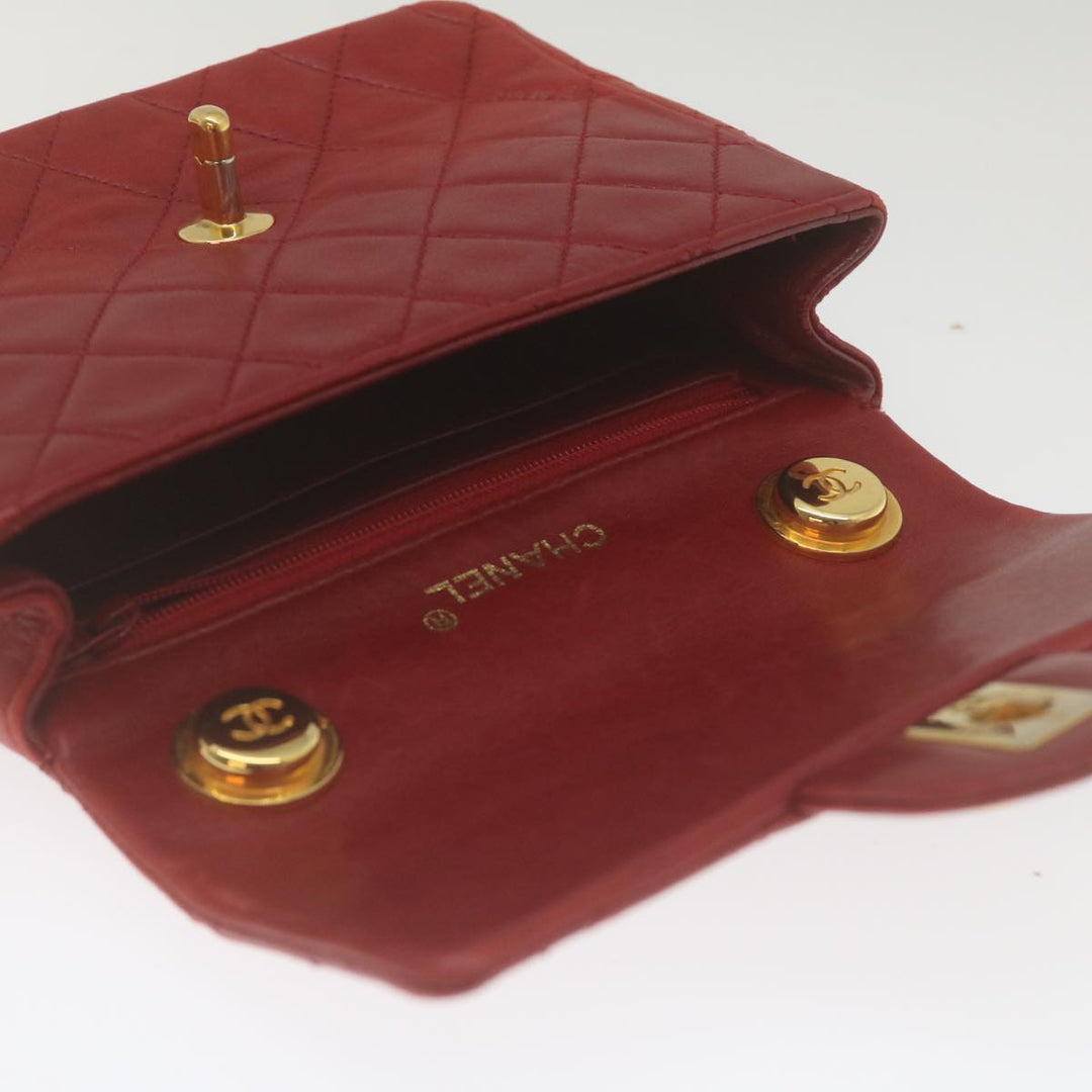Chanel Mini Matelasse Chain New Hand Bag Lamb Skin Red Gold CC Auth hs688A