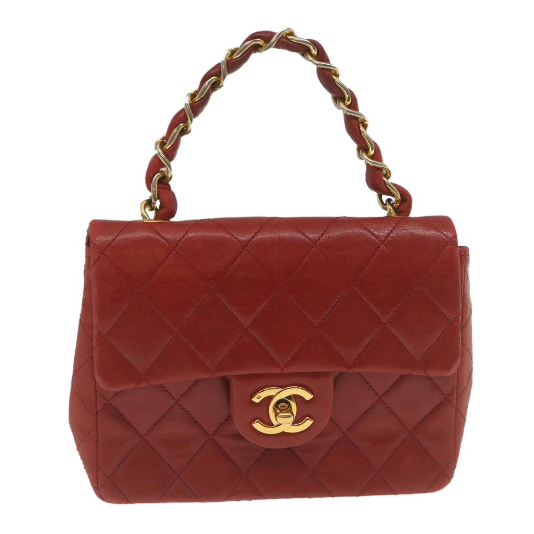 Chanel Mini Matelasse Chain New Hand Bag Lamb Skin Red Gold CC Auth hs688A