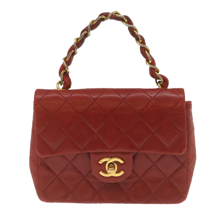 Chanel Mini Matelasse Chain New Hand Bag Lamb Skin Red Gold CC Auth hs688A