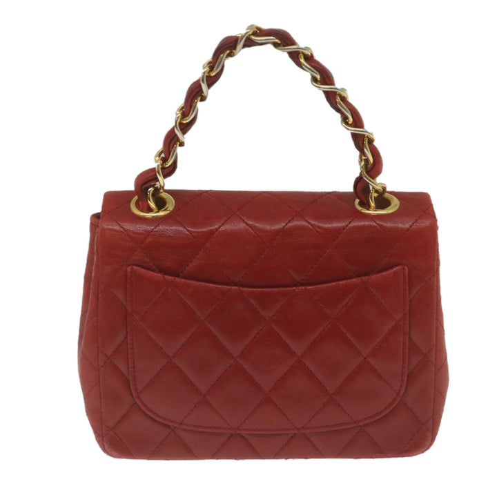 Chanel Mini Matelasse Chain New Hand Bag Lamb Skin Red Gold CC Auth hs688A