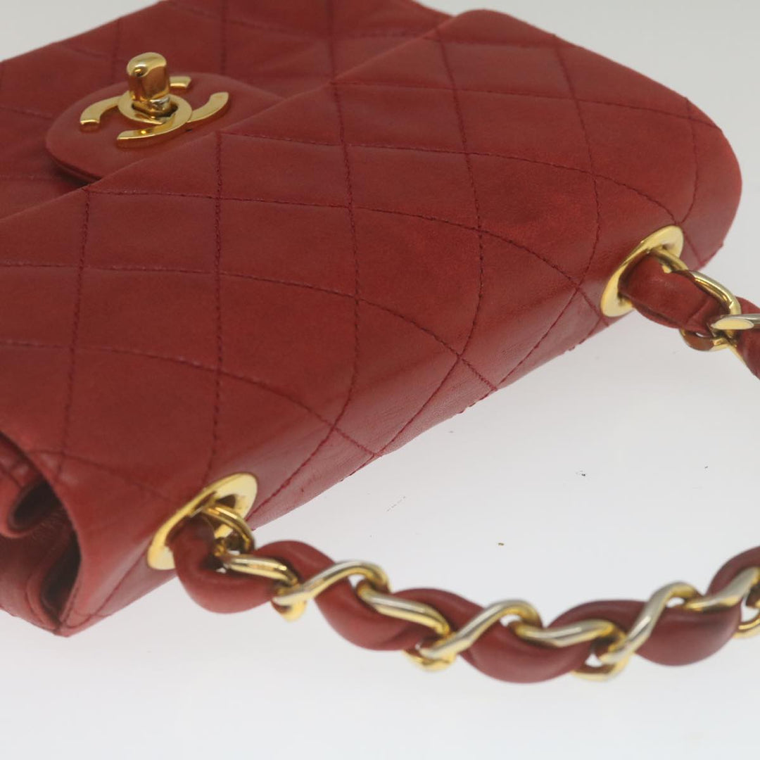 Chanel Mini Matelasse Chain New Hand Bag Lamb Skin Red Gold CC Auth hs688A
