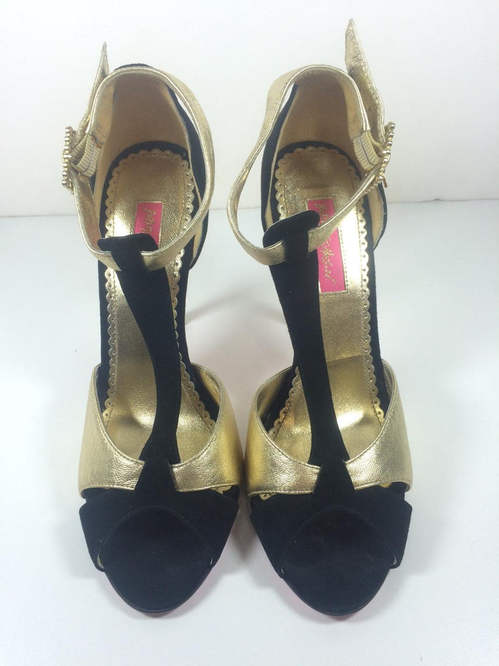 BETSEY JOHNSON Black Suede and Gold Leather T-Strap Peep Toe Stiletto Heels Size 9