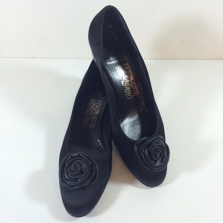 SALVATORE FERRAGAMO Black Satin Low Heel Pump with Leather Rosette Size 7 1/2