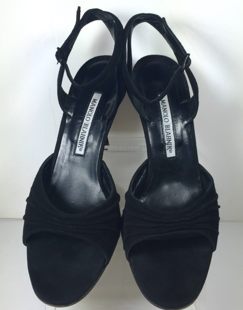 MANOLO BLAHNIK Black Suede Ankle Strap Open Toe Heels Size 37 1/2