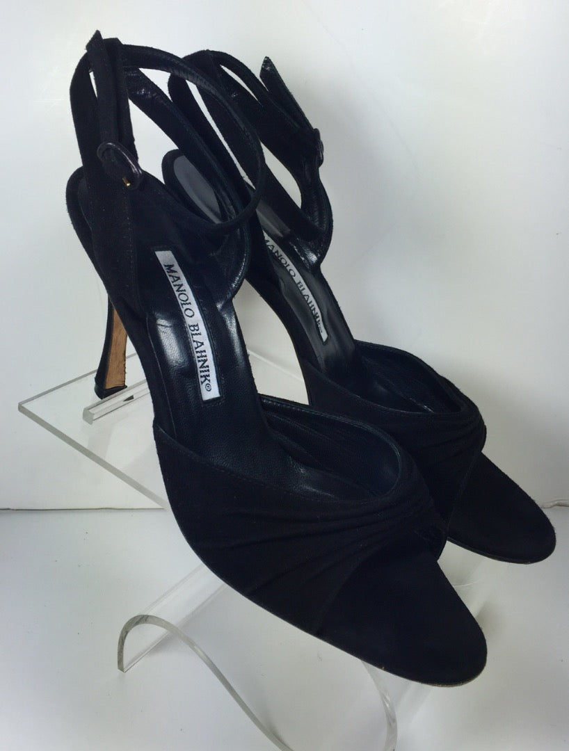 MANOLO BLAHNIK Black Suede Ankle Strap Open Toe Heels Size 37 1/2