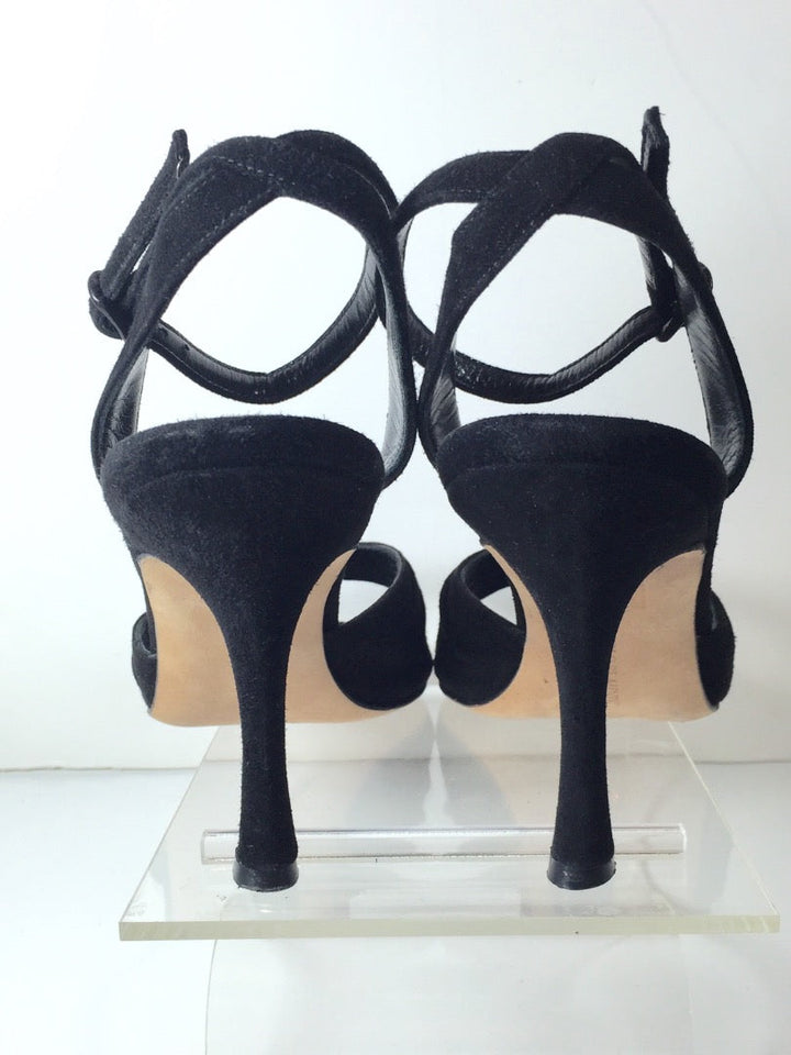 MANOLO BLAHNIK Black Suede Ankle Strap Open Toe Heels Size 37 1/2