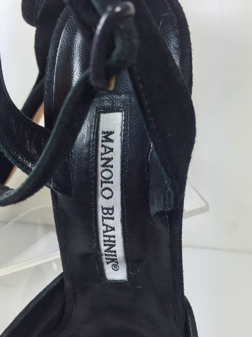 MANOLO BLAHNIK Black Suede Ankle Strap Open Toe Heels Size 37 1/2