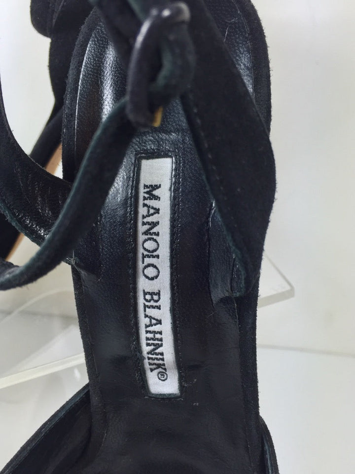 MANOLO BLAHNIK Black Suede Ankle Strap Open Toe Heels Size 37 1/2