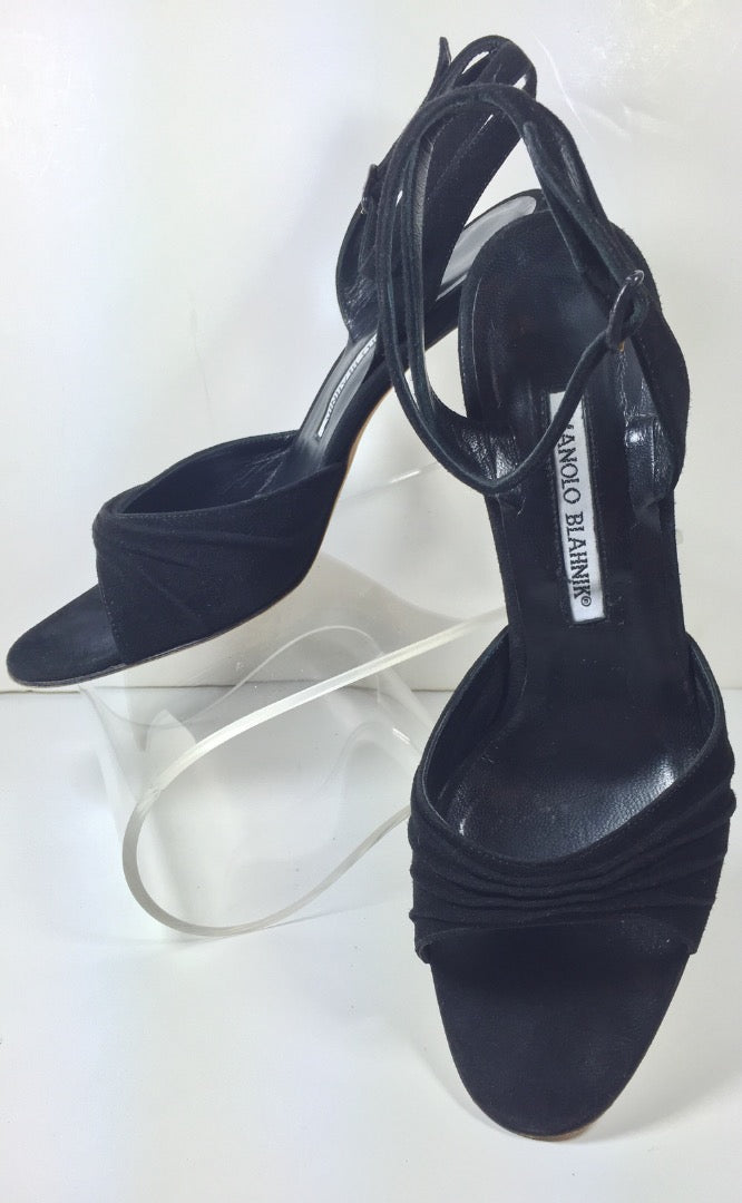 MANOLO BLAHNIK Black Suede Ankle Strap Open Toe Heels Size 37 1/2