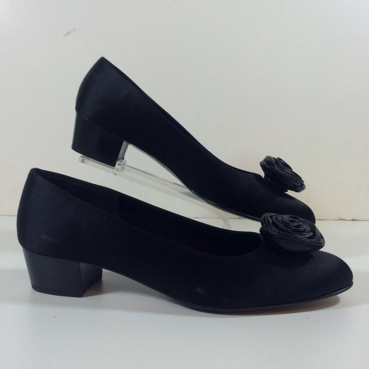 SALVATORE FERRAGAMO Black Satin Low Heel Pump with Leather Rosette Size 7 1/2