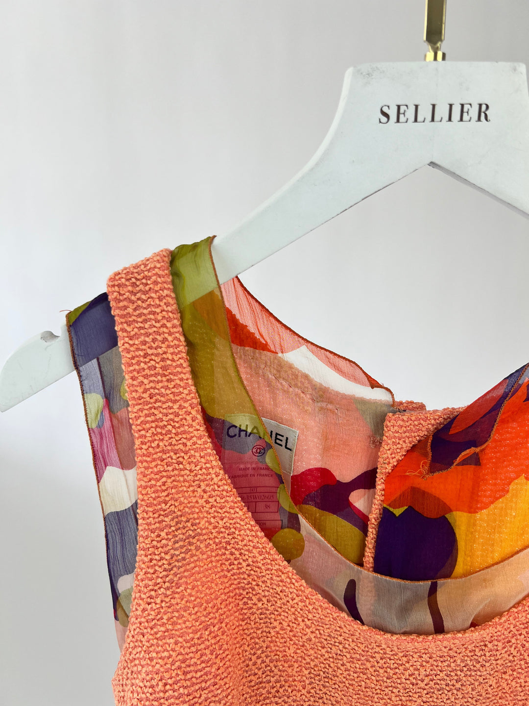 *FIRE PRICE* Top Quality Chanel Peach Three Piece Set with Multicoloured Silk Trim and Shoulder Pad Detailing FR 38 (UK 10)