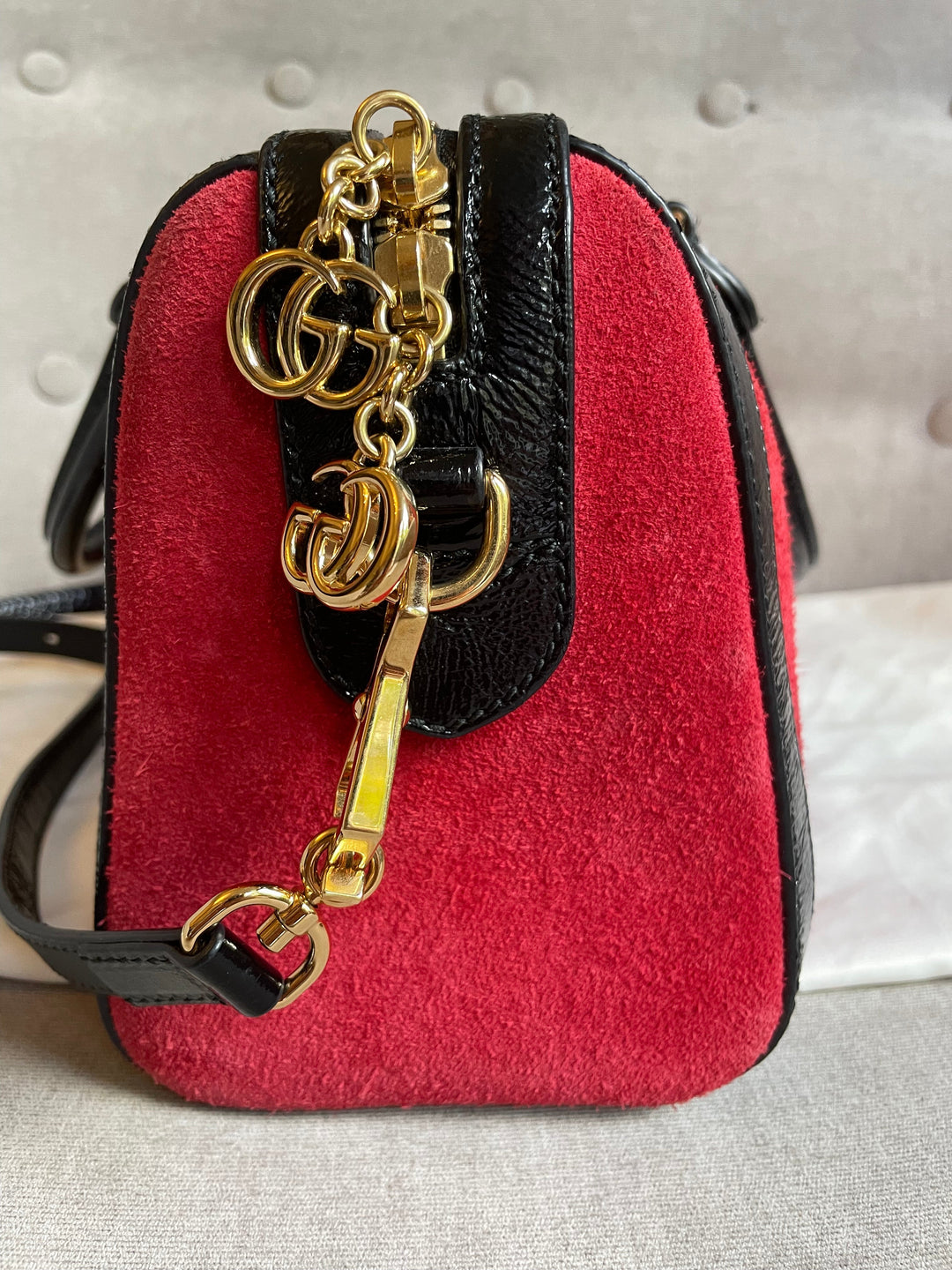 Gucci Red Suede and Blue Leather Ophidia Boston Bag
