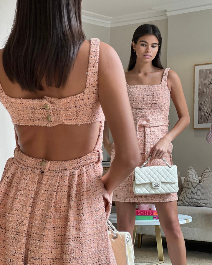 *HOT* Top Quality Chanel Peach Tweed Belted Mini Dress with CC Buttons FR 34 (UK 4- 6)