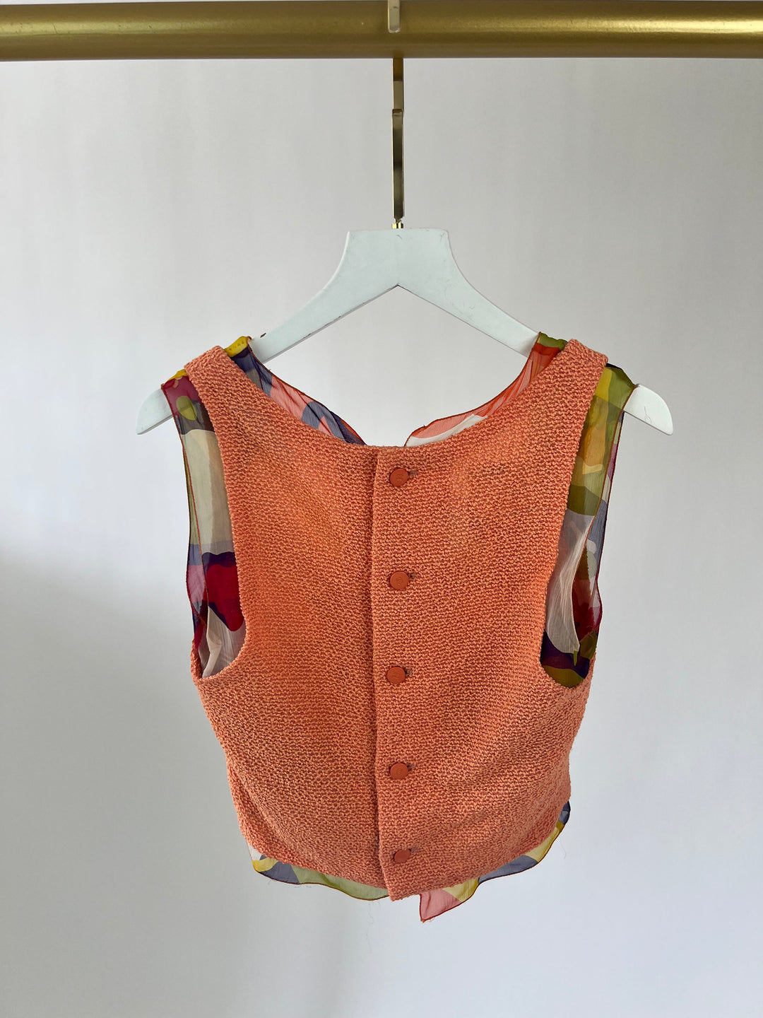 *FIRE PRICE* Top Quality Chanel Peach Three Piece Set with Multicoloured Silk Trim and Shoulder Pad Detailing FR 38 (UK 10)