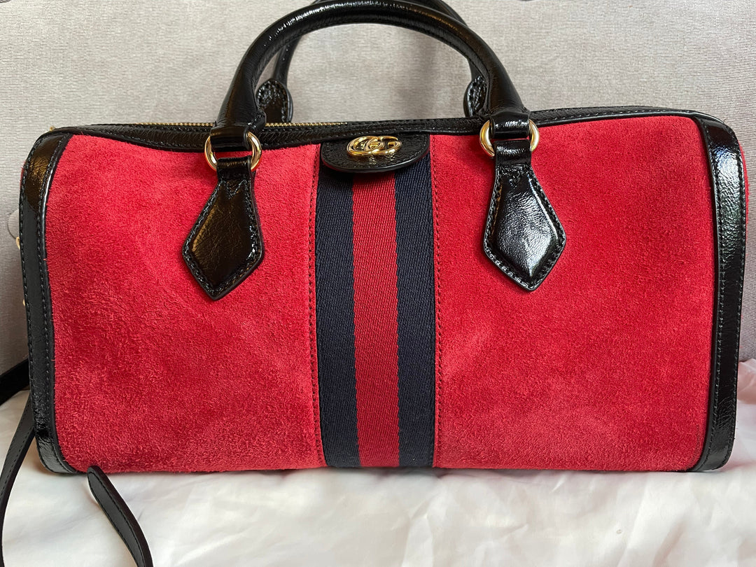 Gucci Red Suede and Blue Leather Ophidia Boston Bag