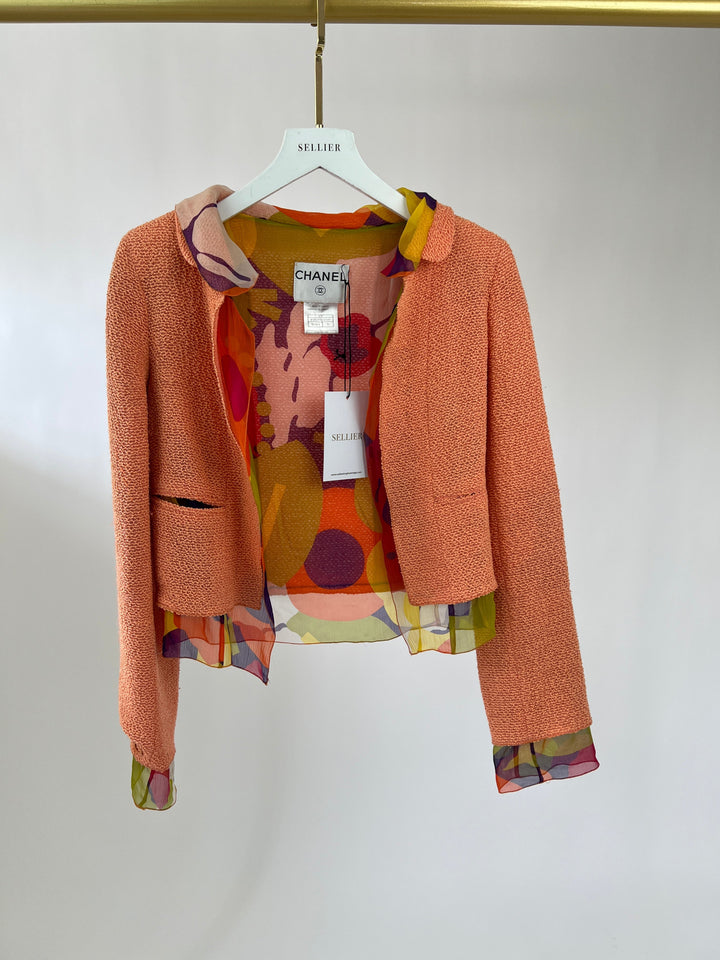 *FIRE PRICE* Top Quality Chanel Peach Three Piece Set with Multicoloured Silk Trim and Shoulder Pad Detailing FR 38 (UK 10)