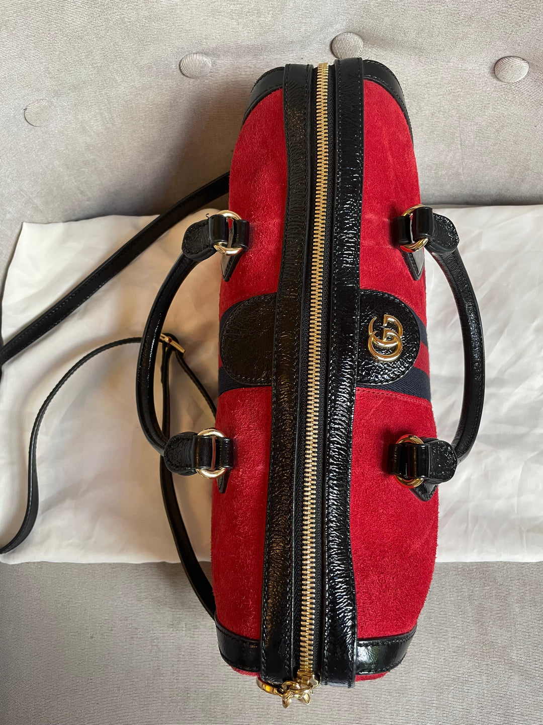 Gucci Red Suede and Blue Leather Ophidia Boston Bag