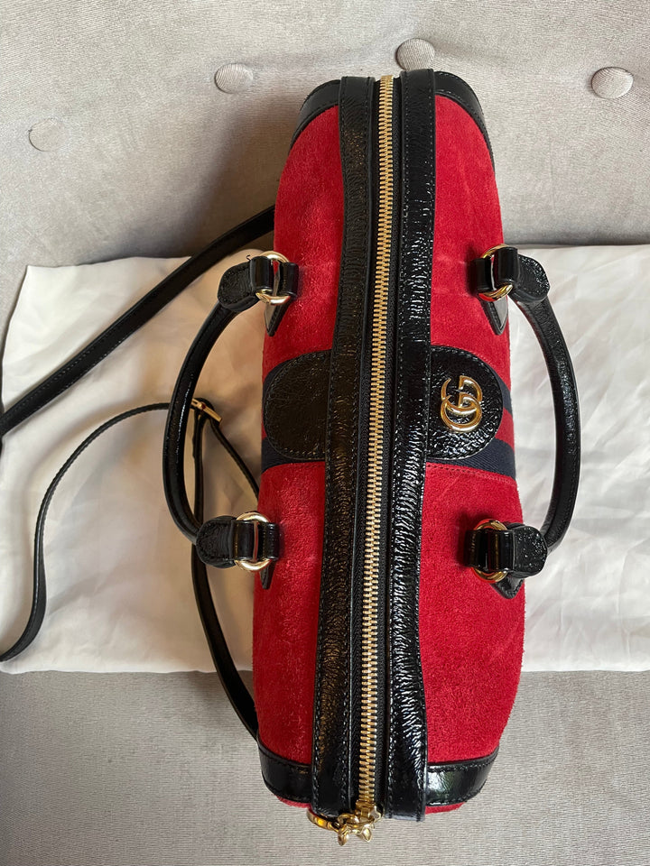 Gucci Red Suede and Blue Leather Ophidia Boston Bag