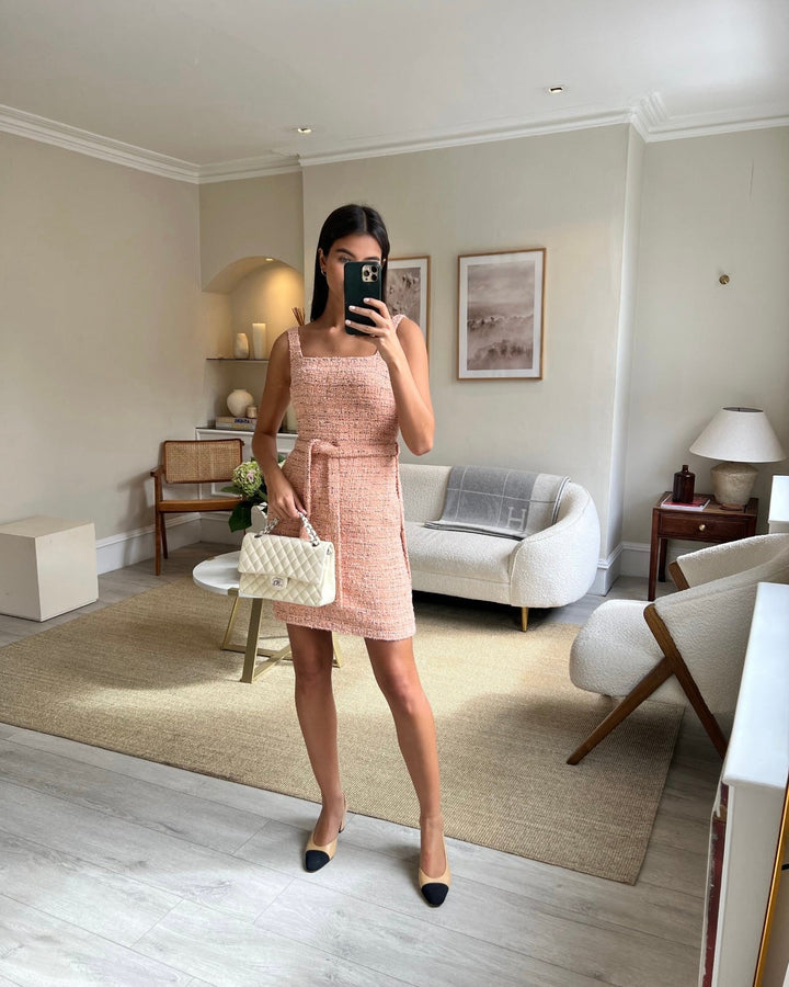 *HOT* Top Quality Chanel Peach Tweed Belted Mini Dress with CC Buttons FR 34 (UK 4- 6)