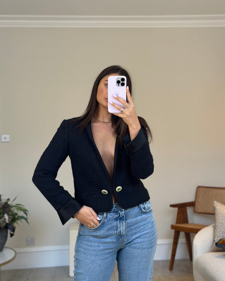 Top Quality Chanel Black Tweed Jacket with Satin Collar and Crystal Button Detail FR 42 (UK 14)