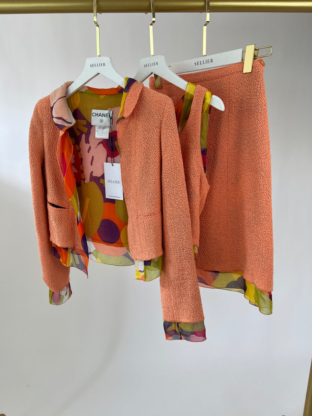 *FIRE PRICE* Top Quality Chanel Peach Three Piece Set with Multicoloured Silk Trim and Shoulder Pad Detailing FR 38 (UK 10)