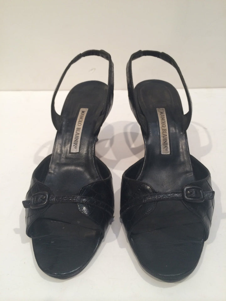MANOLO BLAHNIK Black Crocodile Open Toe Sling Back Heels Size 8 1/2