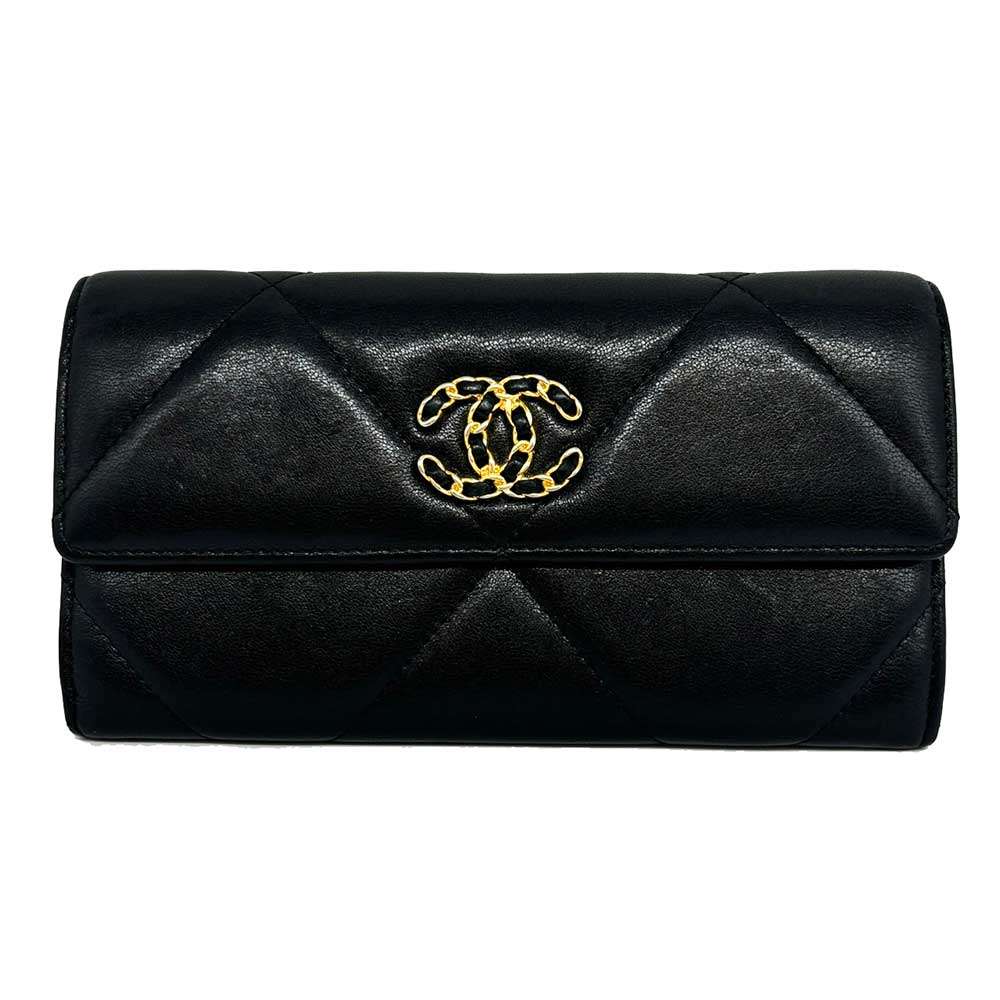 Top Quality Chanel Lambskin 19 Long Wallet Black Leather