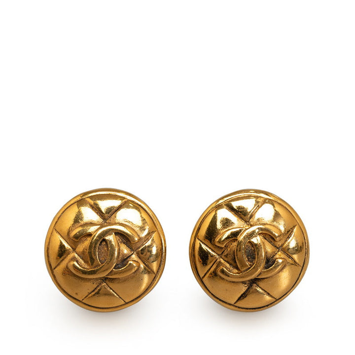 Top Quality Chanel Vintage Matlasse Round Clip On Earrings Gold Plated Women's